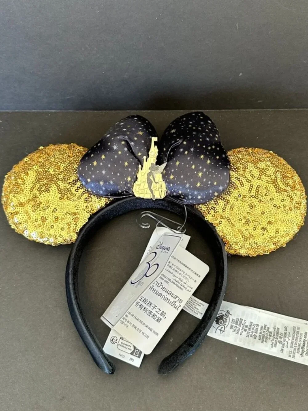 Disneyland Paris 30 Year Anniversary Tinkerbell Black Gold Sequins Ear Headband